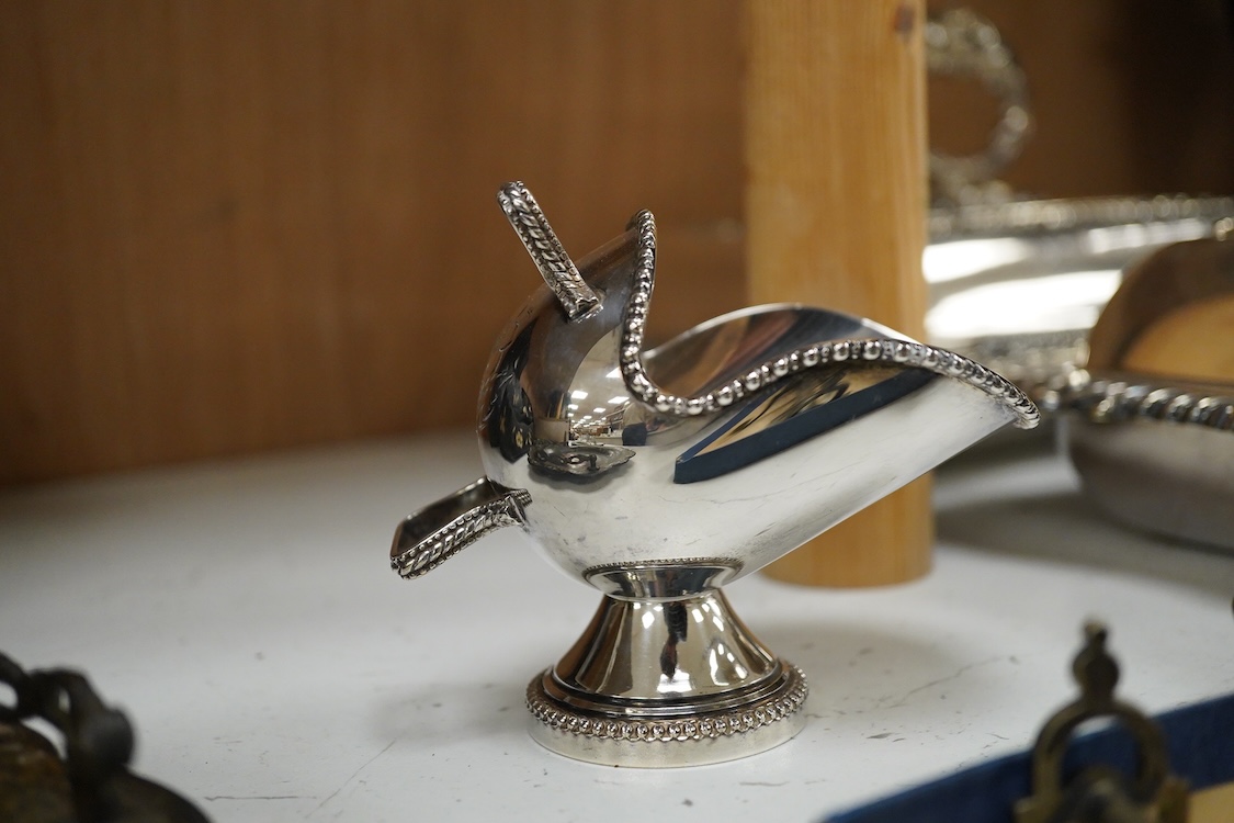 A quantity of plated wares to include two dishes and a cased set of six coffee bean spoons